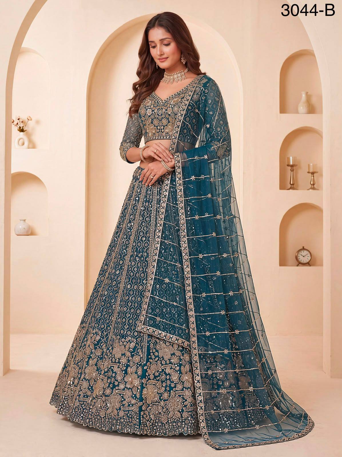 Blue Pure Heavy Net Motif Sequins Zari Embroidery Work Net Bridal Lehenga Choli