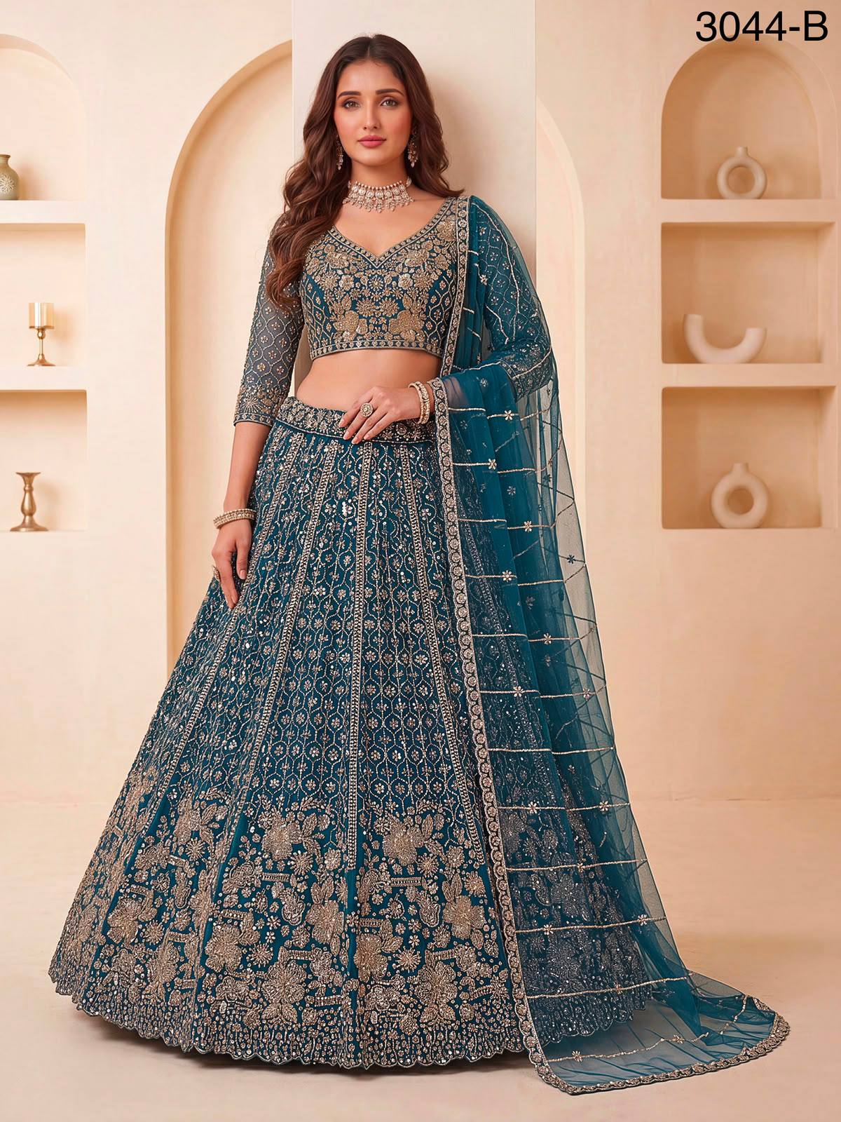 Blue Pure Heavy Net Motif Sequins Zari Embroidery Work Net Bridal Lehenga Choli