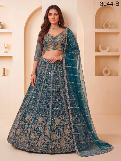Blue Pure Heavy Net Motif Sequins Zari Embroidery Work Net Bridal Lehenga Choli