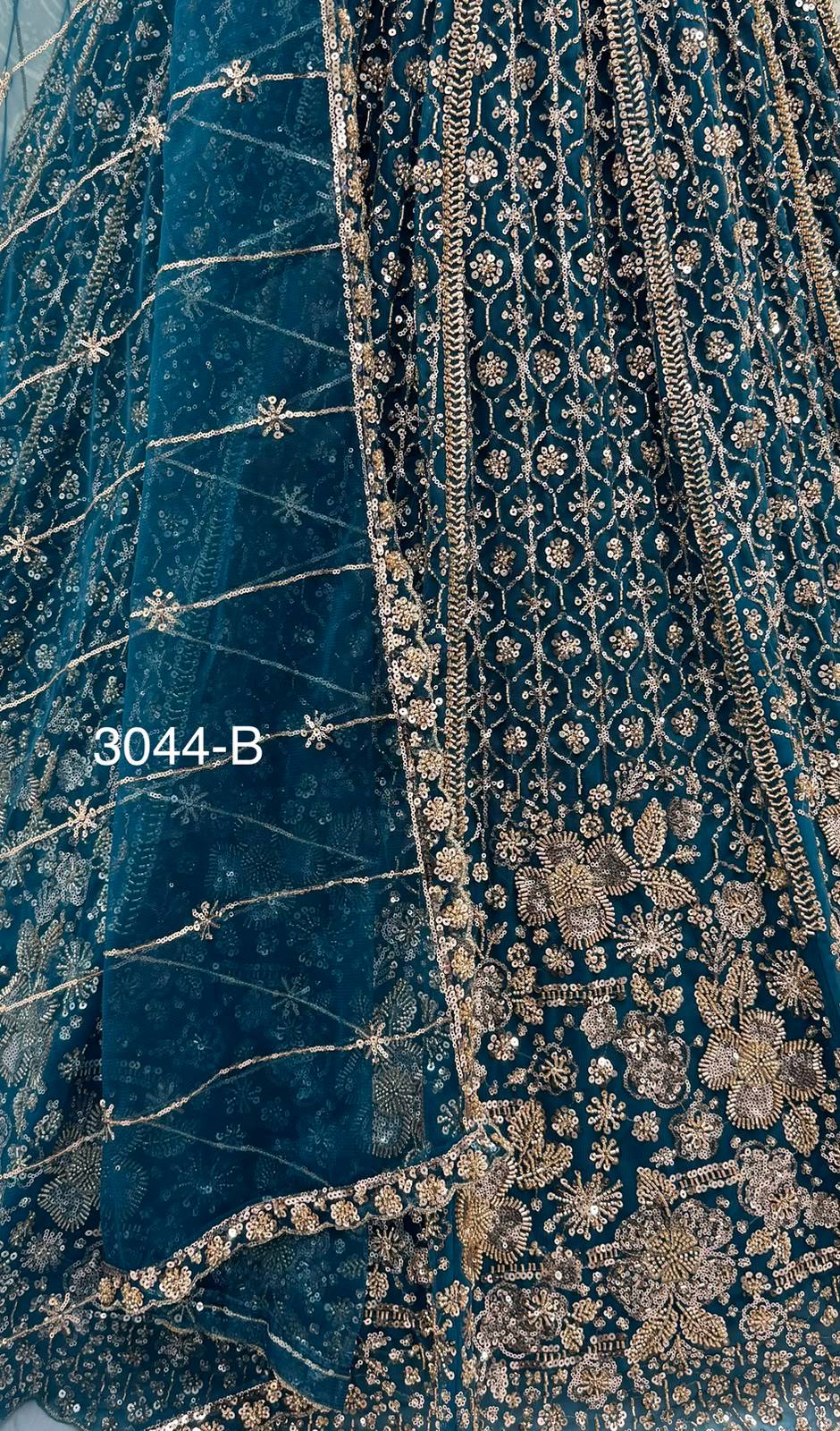Blue Pure Heavy Net Motif Sequins Zari Embroidery Work Net Bridal Lehenga Choli