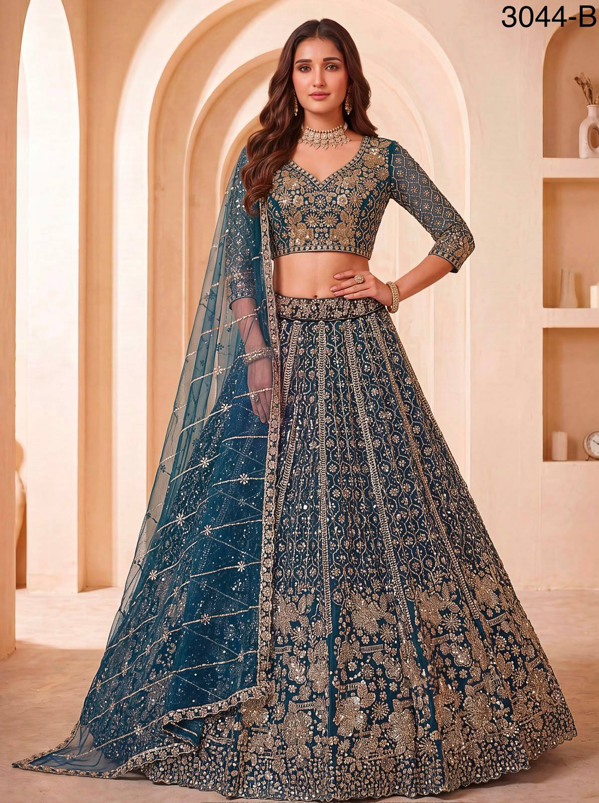 Blue Pure Heavy Net Motif Sequins Zari Embroidery Work Net Bridal Lehenga Choli
