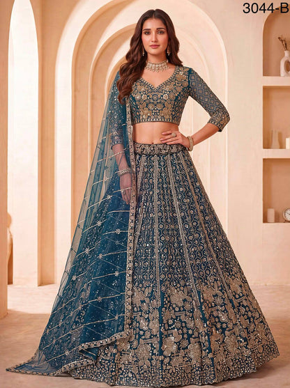 Blue Pure Heavy Net Motif Sequins Zari Embroidery Work Net Bridal Lehenga Choli