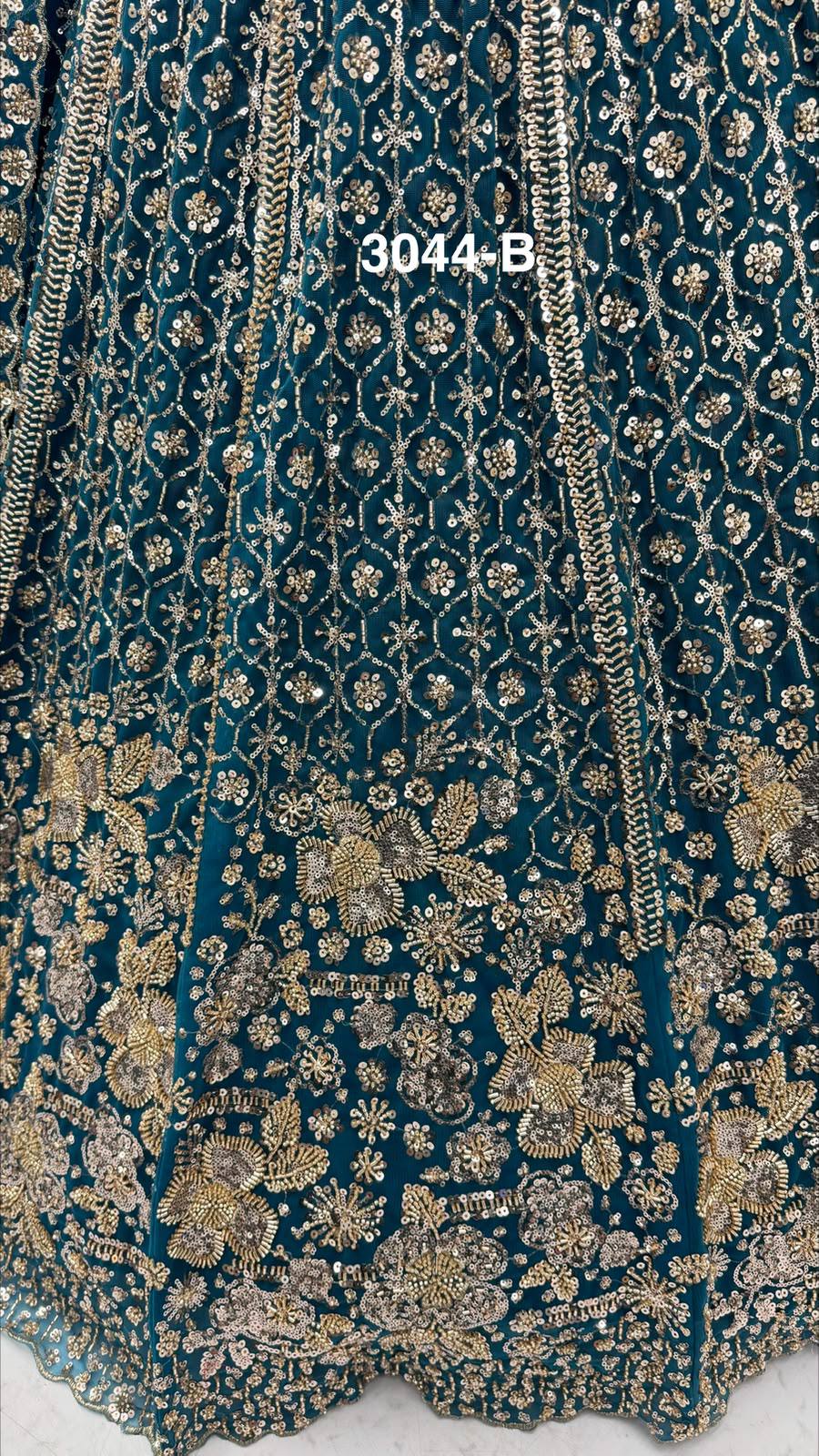 Blue Pure Heavy Net Motif Sequins Zari Embroidery Work Net Bridal Lehenga Choli