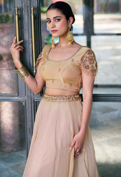 Cream Pure Fendi Silk Sequins &amp; Thread Embroidery Work Lehenga Choli
