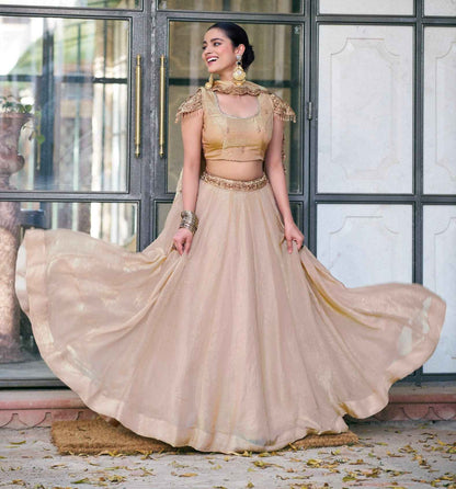 Cream Pure Fendi Silk Sequins &amp; Thread Embroidery Work Lehenga Choli