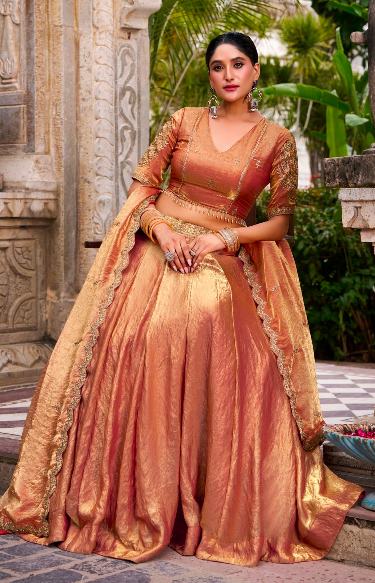 Orange Pure Fendi Silk Sequins &amp; Thread Embroidery Work Lehenga Choli