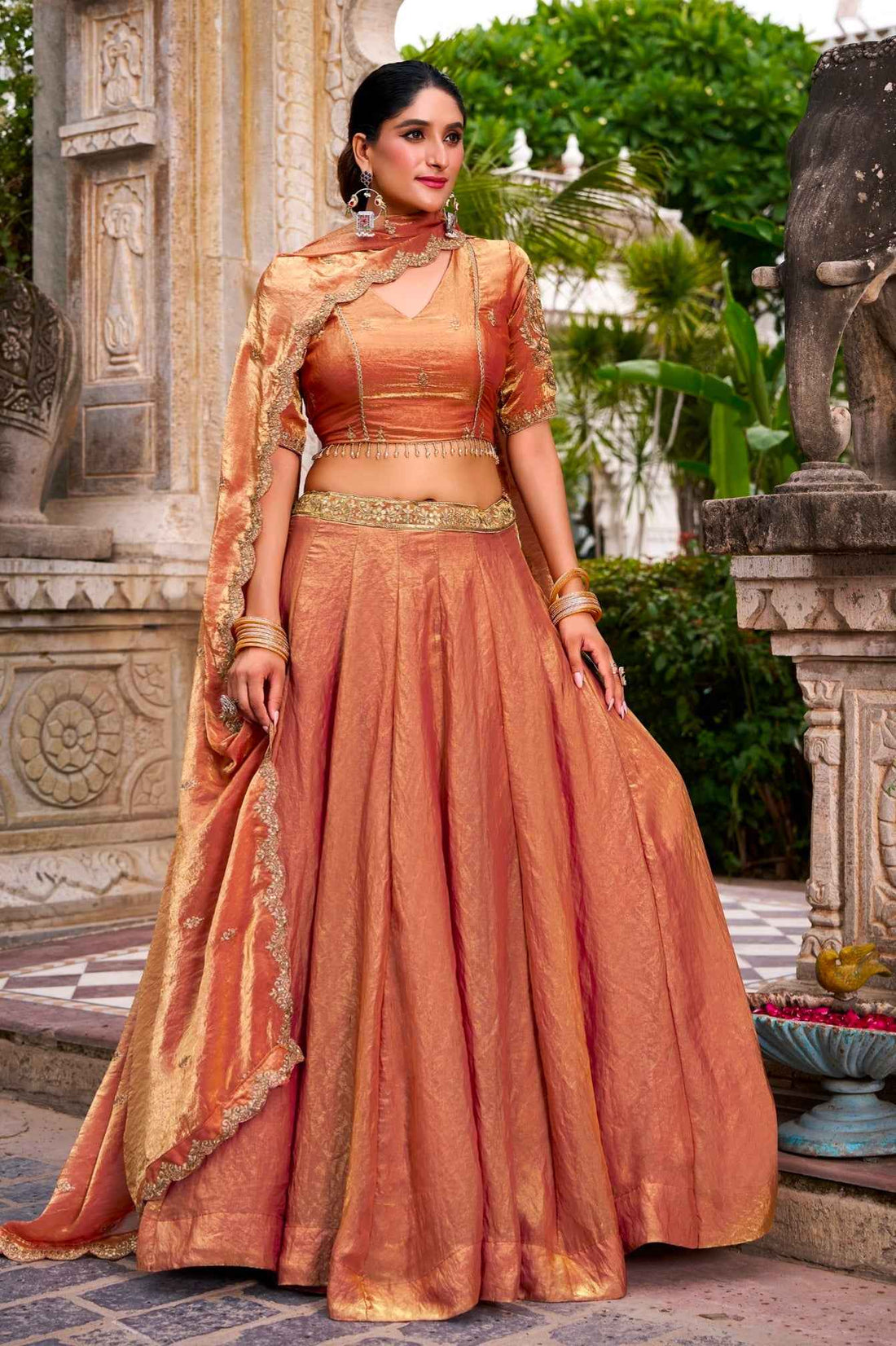 Orange Pure Fendi Silk Sequins &amp; Thread Embroidery Work Lehenga Choli