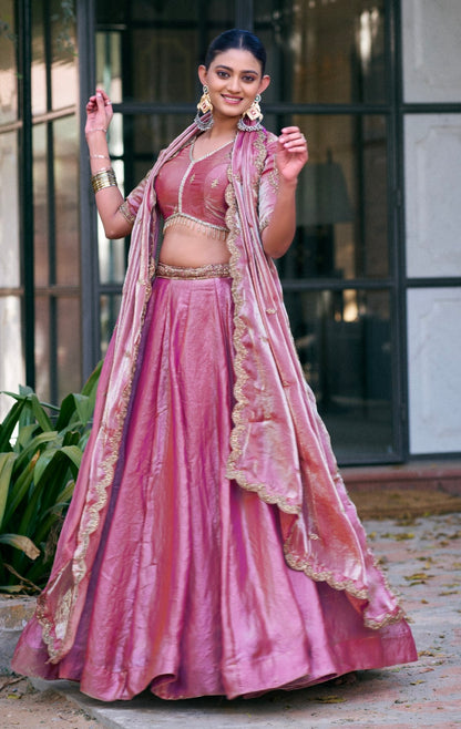 Light Pink Pure Fendi Silk Sequins &amp; Thread Embroidery Work Lehenga Choli