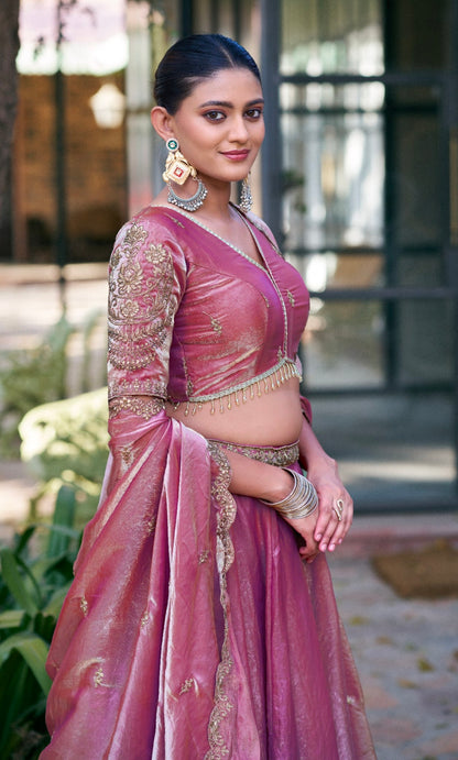 Light Pink Pure Fendi Silk Sequins &amp; Thread Embroidery Work Lehenga Choli