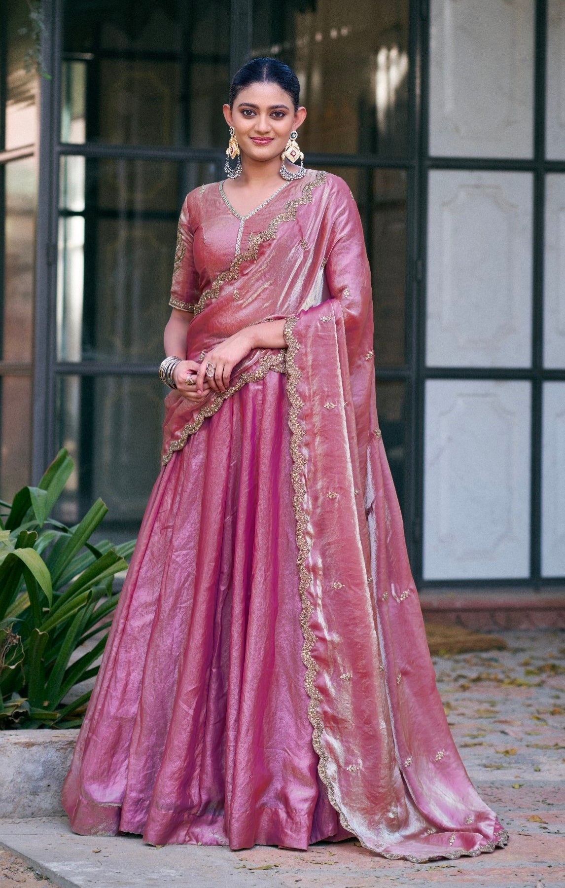 Light Pink Pure Fendi Silk Sequins &amp; Thread Embroidery Work Lehenga Choli