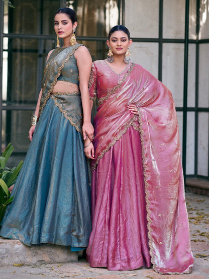 Teal Pure Fendi Silk Sequins &amp; Thread Embroidery Work Lehenga Choli