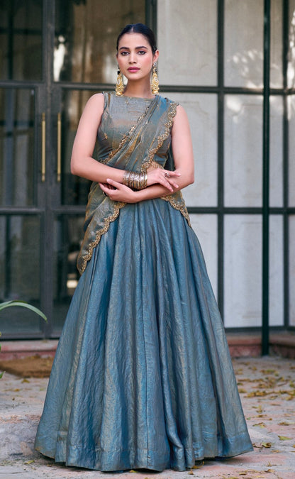 Teal Pure Fendi Silk Sequins &amp; Thread Embroidery Work Lehenga Choli