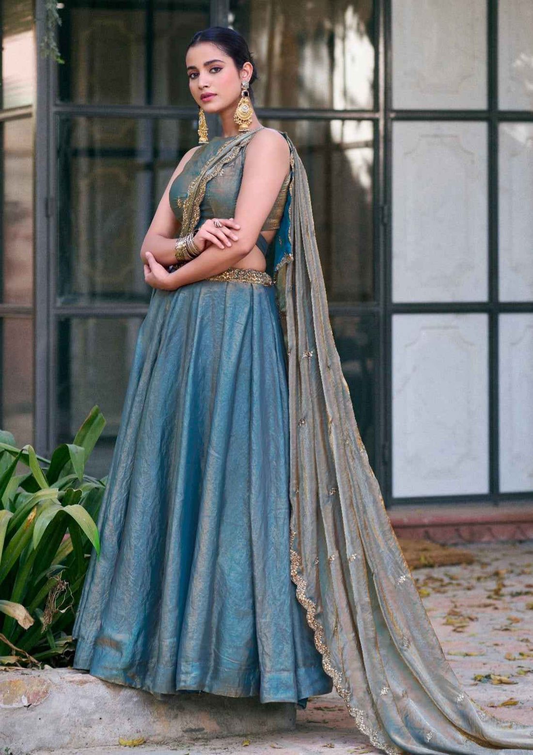 Teal Pure Fendi Silk Sequins &amp; Thread Embroidery Work Lehenga Choli