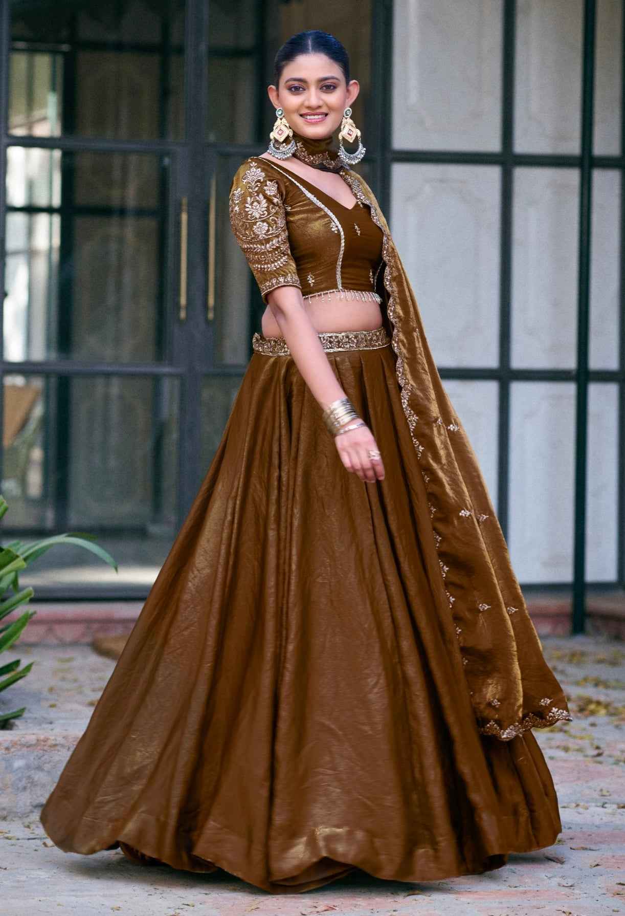 Brown Pure Fendi Silk Sequins &amp; Thread Embroidery Work Lehenga Choli
