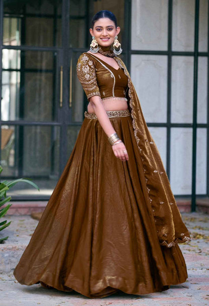 Brown Pure Fendi Silk Sequins &amp; Thread Embroidery Work Lehenga Choli