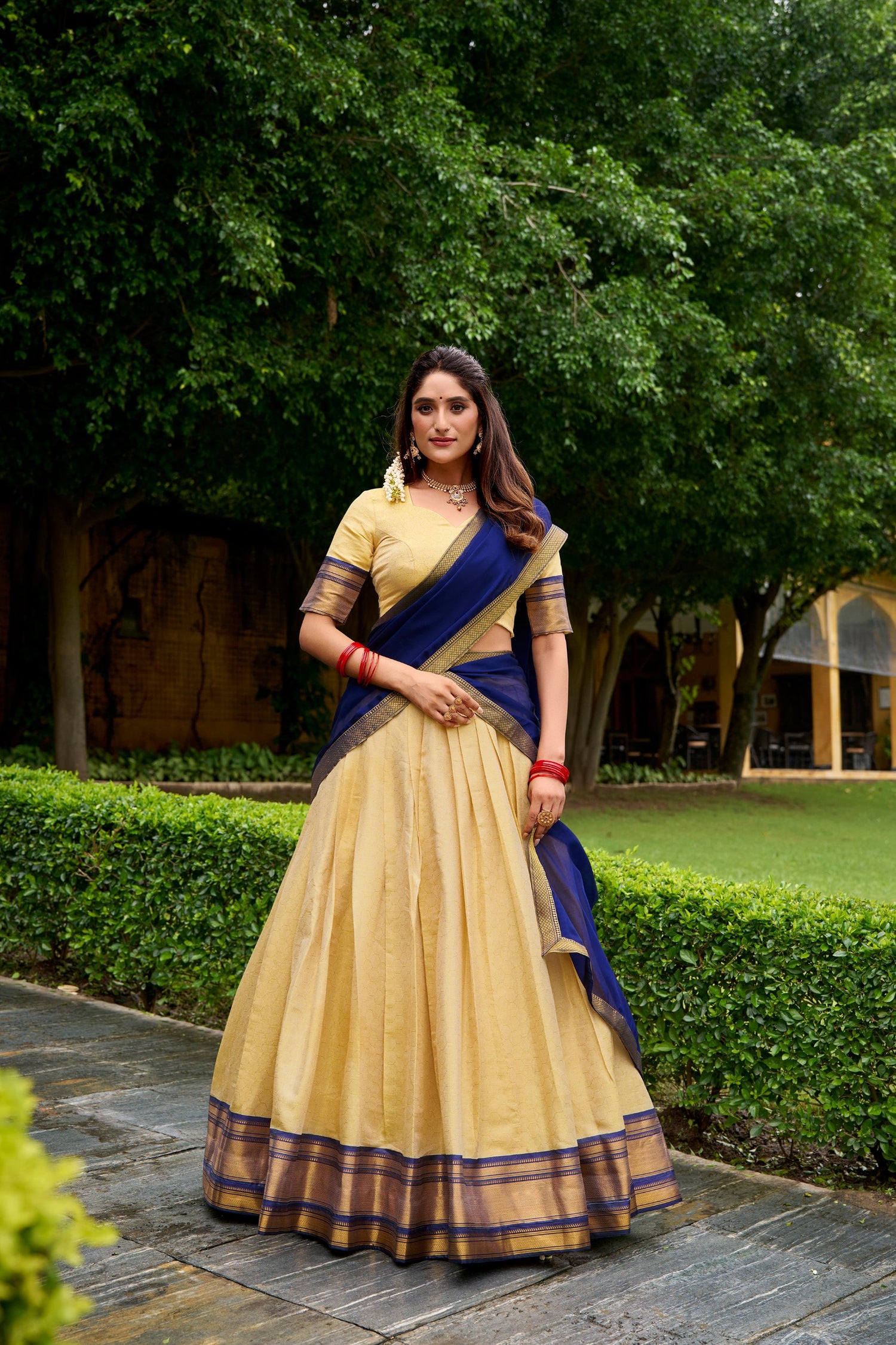 Navy Blue Pure Kanchipuram Silk Zari Weaving South Indian Lehenga Choli