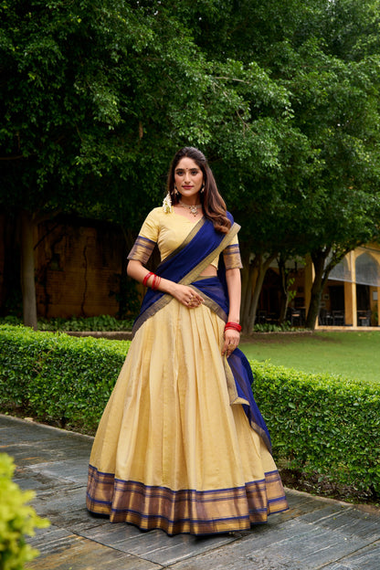 Navy Blue Pure Kanchipuram Silk Zari Weaving South Indian Lehenga Choli
