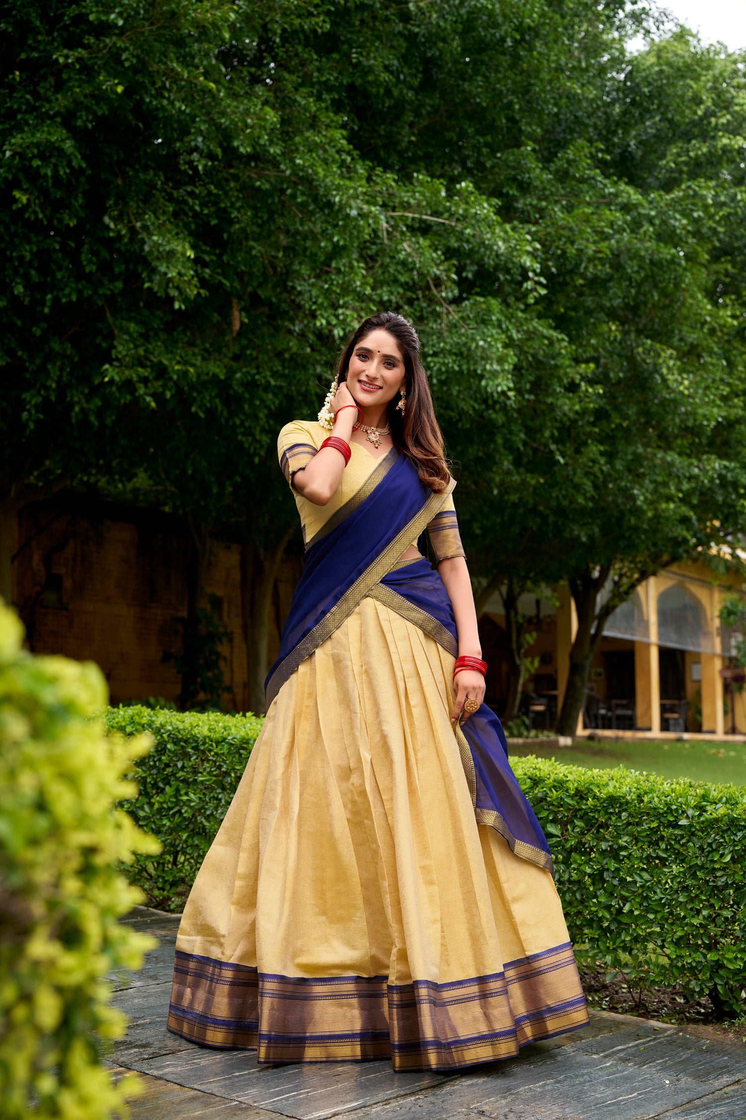 Navy Blue Pure Kanchipuram Silk Zari Weaving South Indian Lehenga Choli
