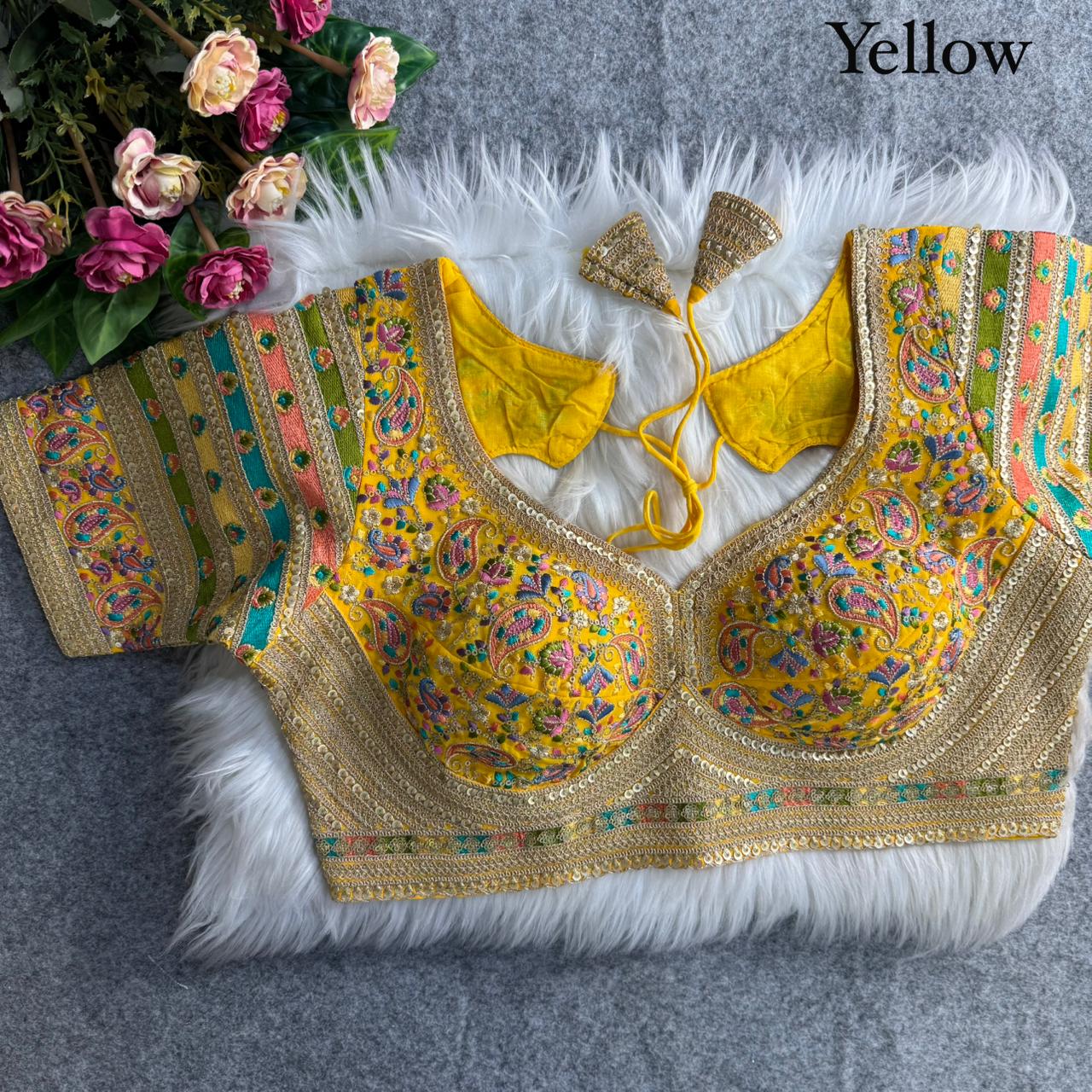Yellow Pure Fox Georgette Kashmiri Work Sabyasachi Inspired Bridal Blouse