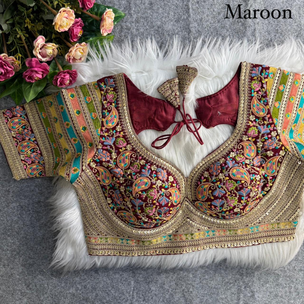Maroon Pure Fox Georgette Kashmiri Work Sabyasachi Inspired Bridal Blouse