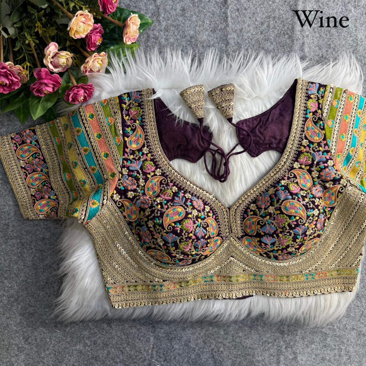 Wine Pure Fox Georgette Kashmiri Work Sabyasachi Inspired Bridal Blouse