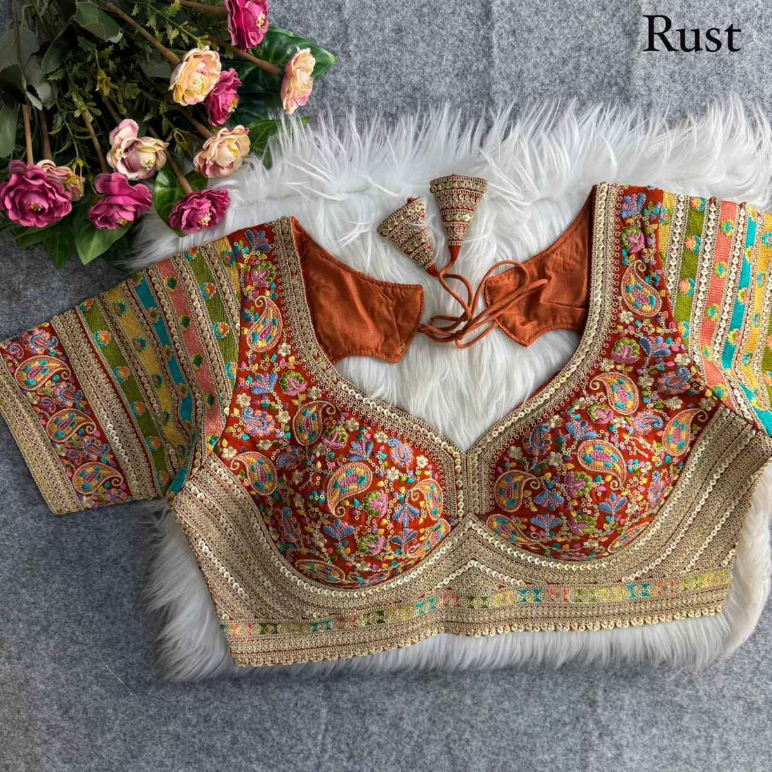 Rust Pure Fox Georgette Kashmiri Work Sabyasachi Inspired Bridal Blouse