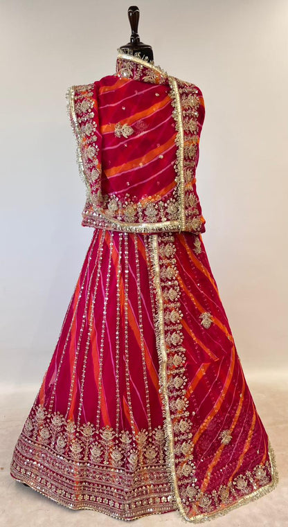 Orange Pure Semi Georgette Lahariya Print Gotta Patti Rajasthani Rajputi Lehenga Choli