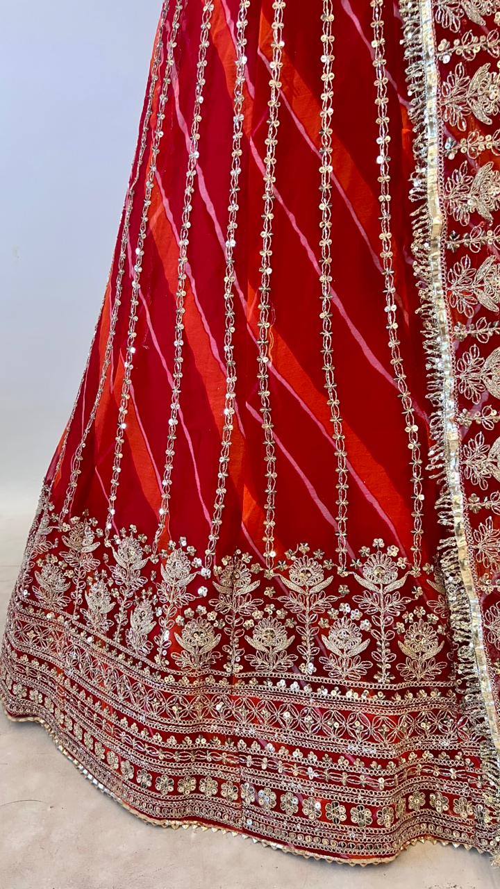 Orange Pure Semi Georgette Lahariya Print Gotta Patti Rajasthani Rajputi Lehenga Choli