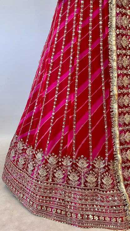 Red Pure Semi Georgette Lahariya Print Gotta Patti Rajasthani Rajputi Lehenga Choli