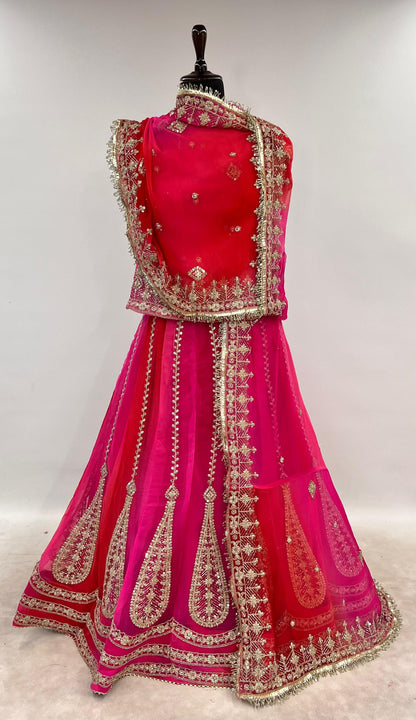 Magenta Pure Semi Georgette Lahariya Print Gotta Patti Rajasthani Rajputi Lehenga Choli