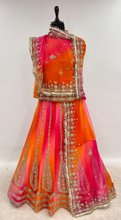 Orange Pink Pure Semi Georgette Lahariya Print Gotta Patti Rajasthani Rajputi Lehenga Choli