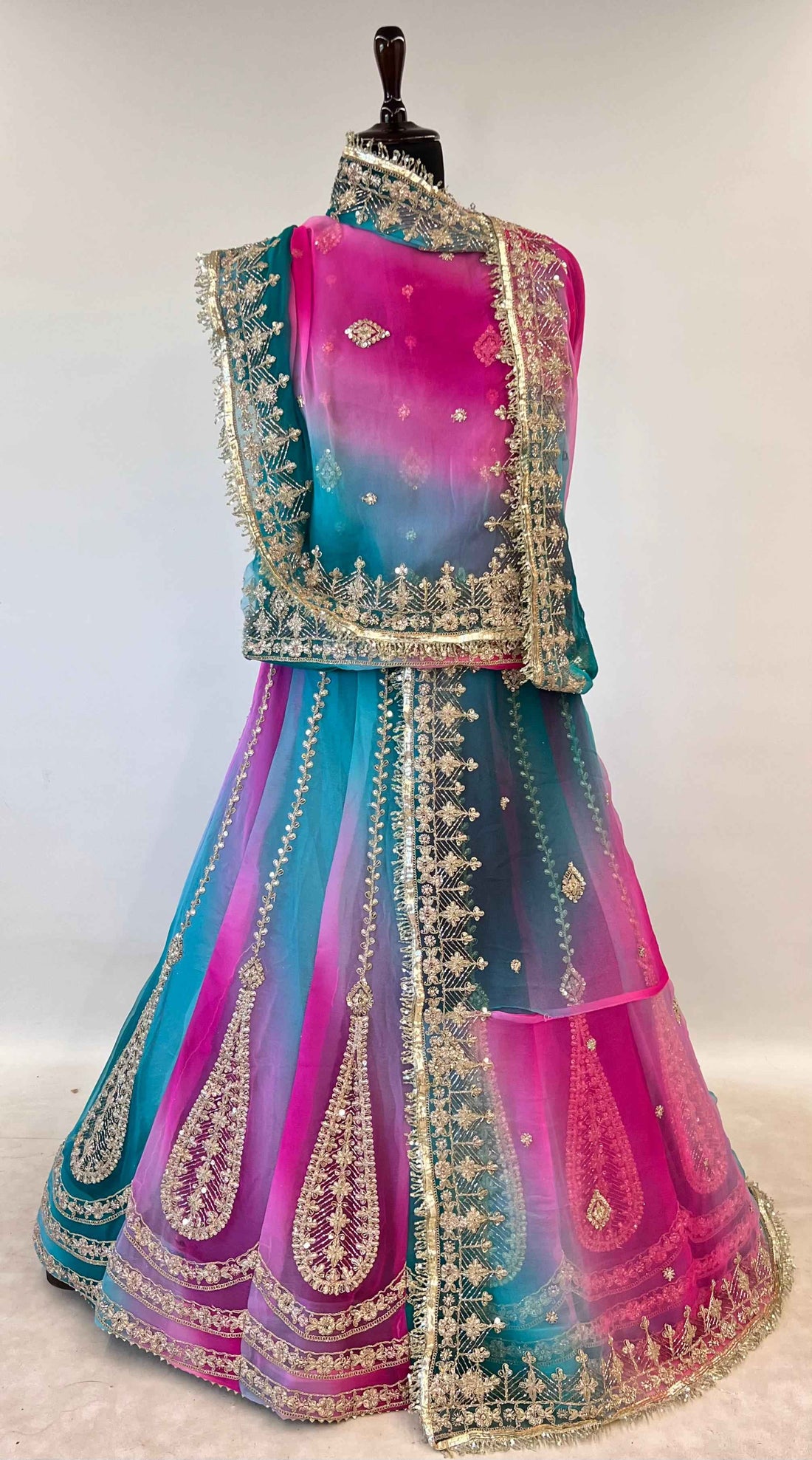 Turquoise Pink Pure Semi Georgette Lahariya Print Gotta Patti Rajasthani Rajputi Lehenga Choli