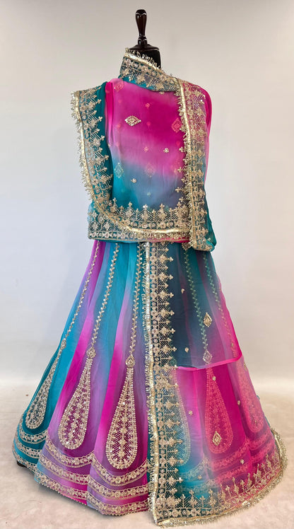 Turquoise Pink Pure Semi Georgette Lahariya Print Gotta Patti Rajasthani Rajputi Lehenga Choli