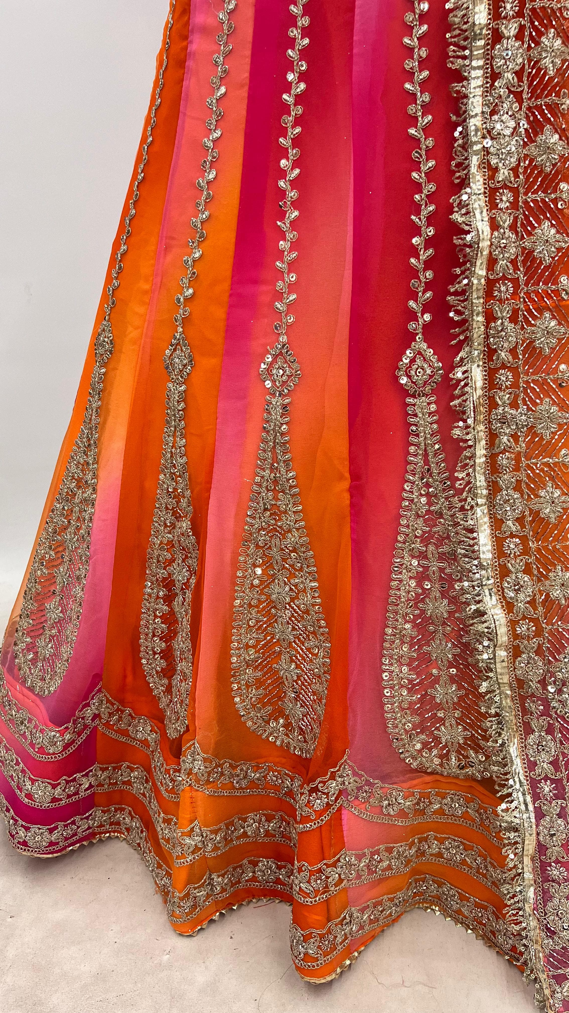 Orange Pink Pure Semi Georgette Lahariya Print Gotta Patti Rajasthani Rajputi Lehenga Choli