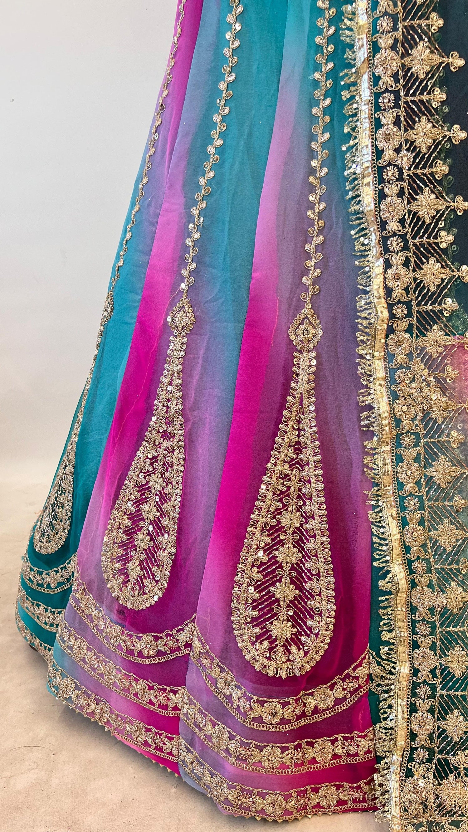 Turquoise Pink Pure Semi Georgette Lahariya Print Gotta Patti Rajasthani Rajputi Lehenga Choli