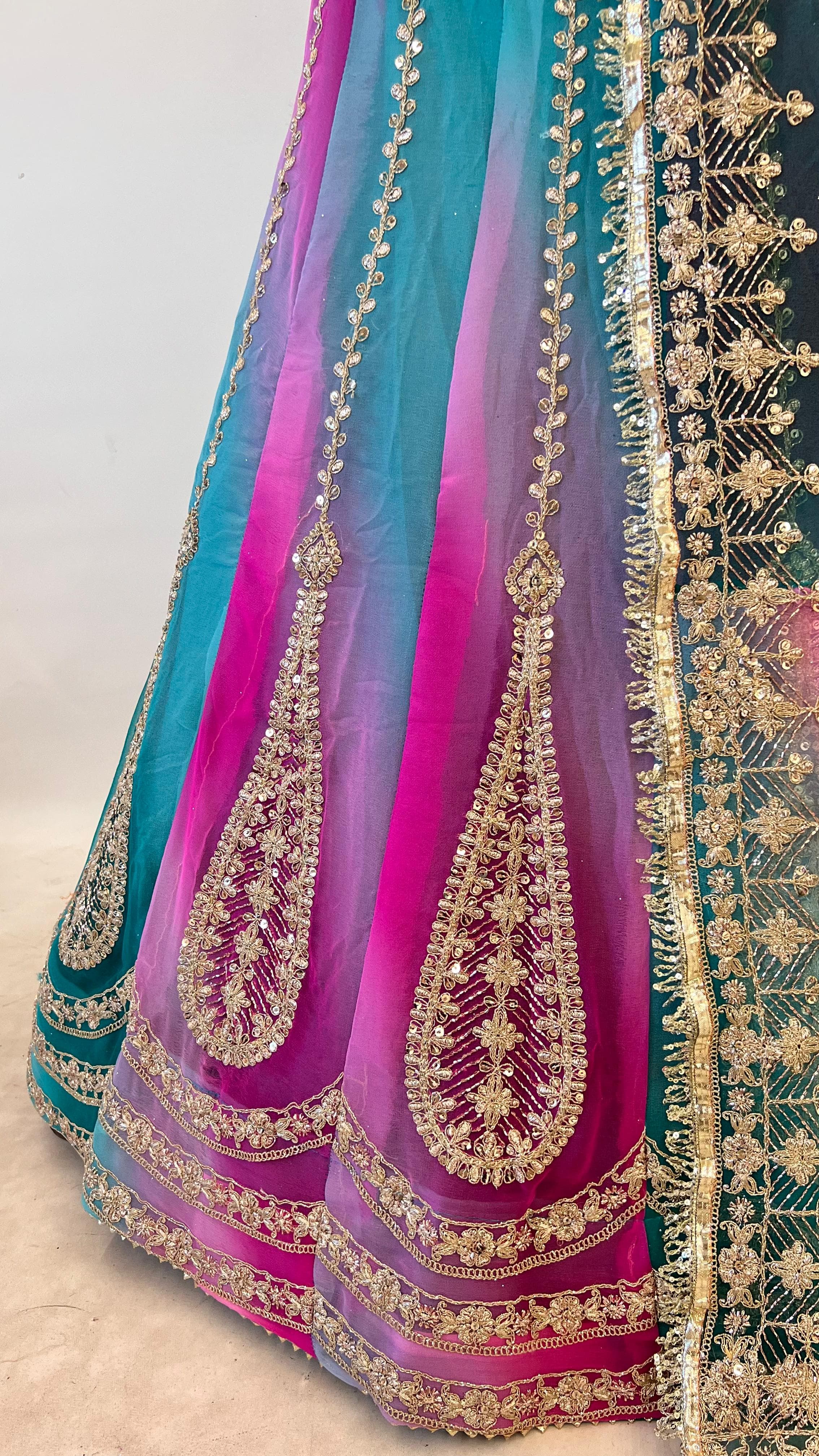 Turquoise Pink Pure Semi Georgette Lahariya Print Gotta Patti Rajasthani Rajputi Lehenga Choli