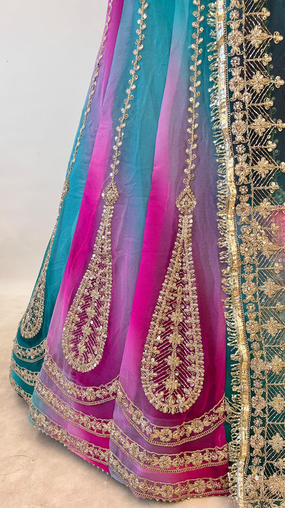 Turquoise Pink Pure Semi Georgette Lahariya Print Gotta Patti Rajasthani Rajputi Lehenga Choli