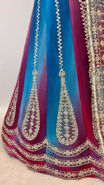 Sky Blue Pure Semi Georgette Lahariya Print Gotta Patti Rajasthani Rajputi Lehenga Choli