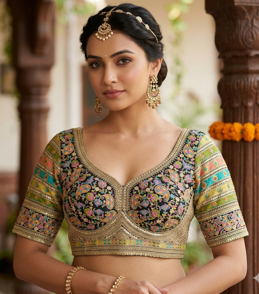 Green Pure Fox Georgette Kashmiri Work Sabyasachi Inspired Bridal Blouse