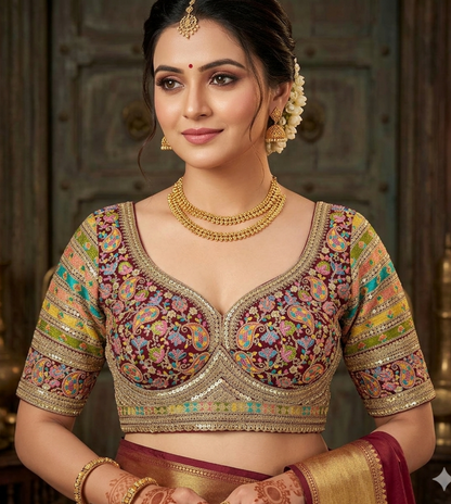 Maroon Pure Fox Georgette Kashmiri Work Sabyasachi Inspired Bridal Blouse