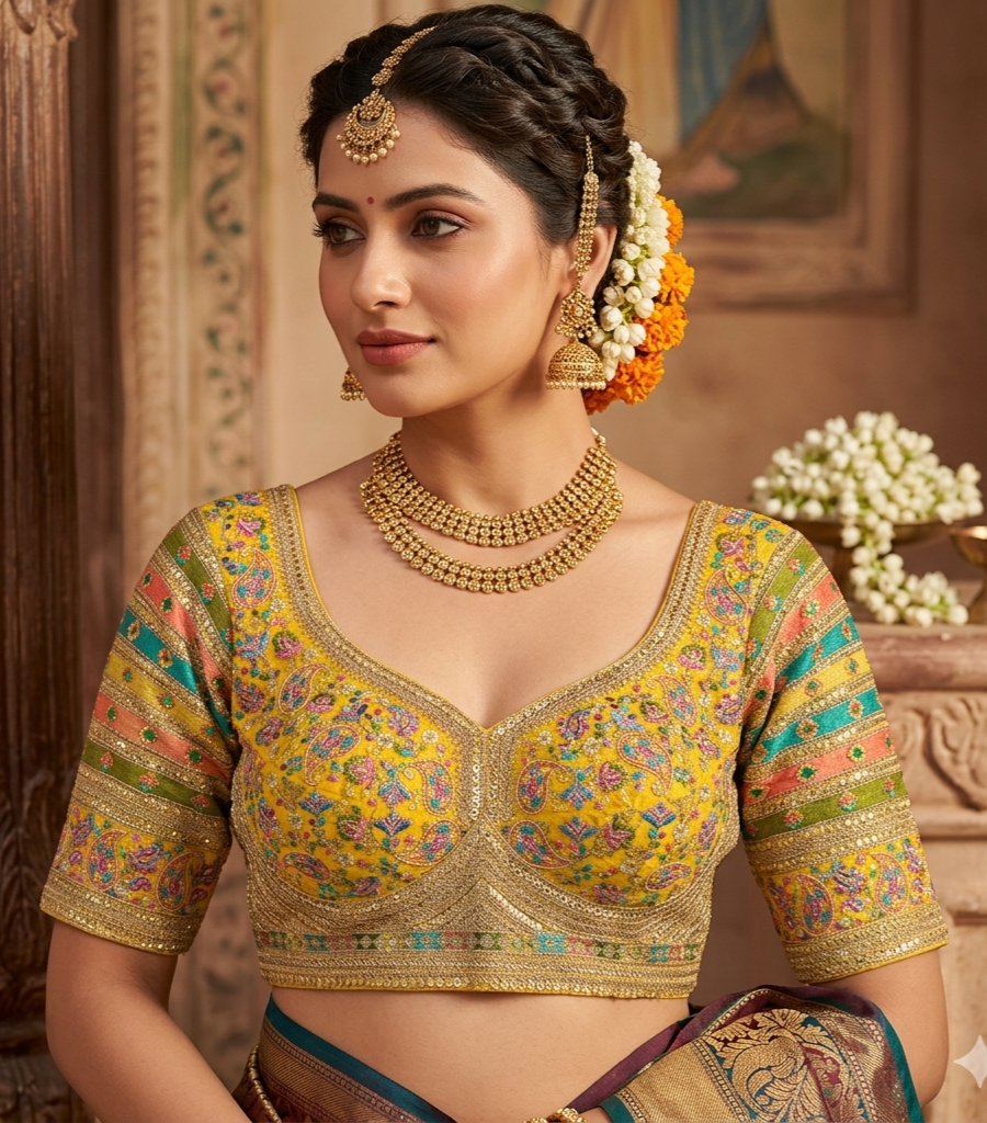 Yellow Pure Fox Georgette Kashmiri Work Sabyasachi Inspired Bridal Blouse