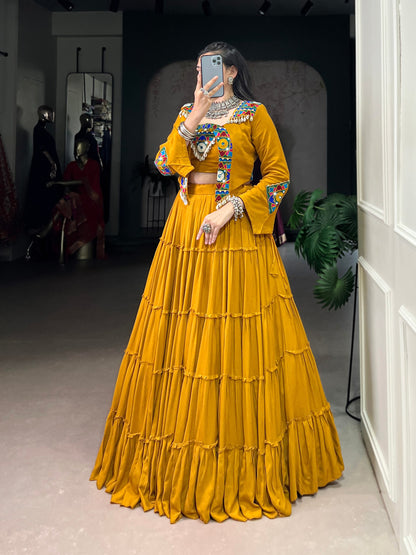 Mustard Pure Rayon Traditional Gamthi Work Navratri Lehenga Choli