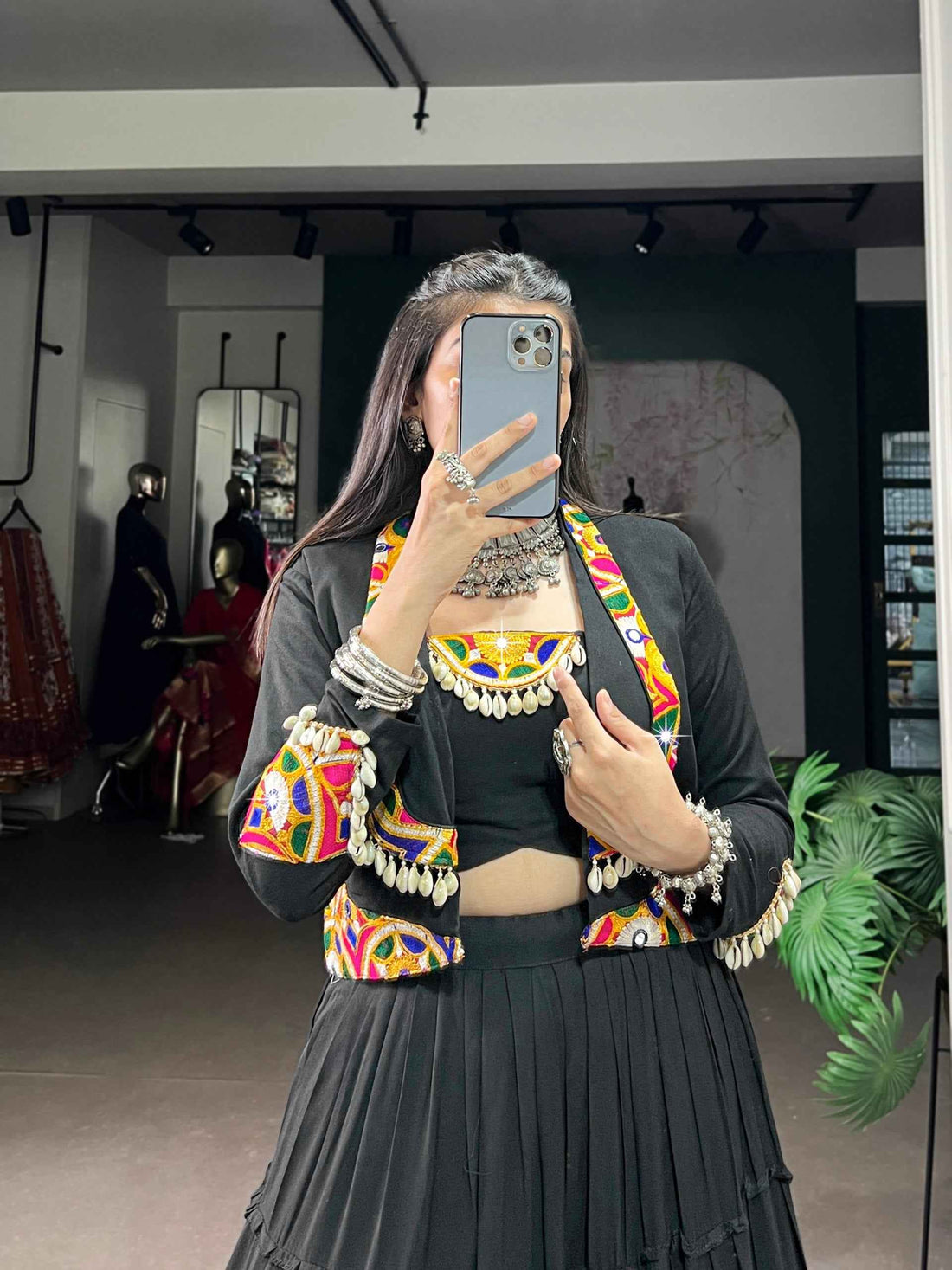 Black Pure Rayon Traditional Gamthi Work Navratri Lehenga Choli