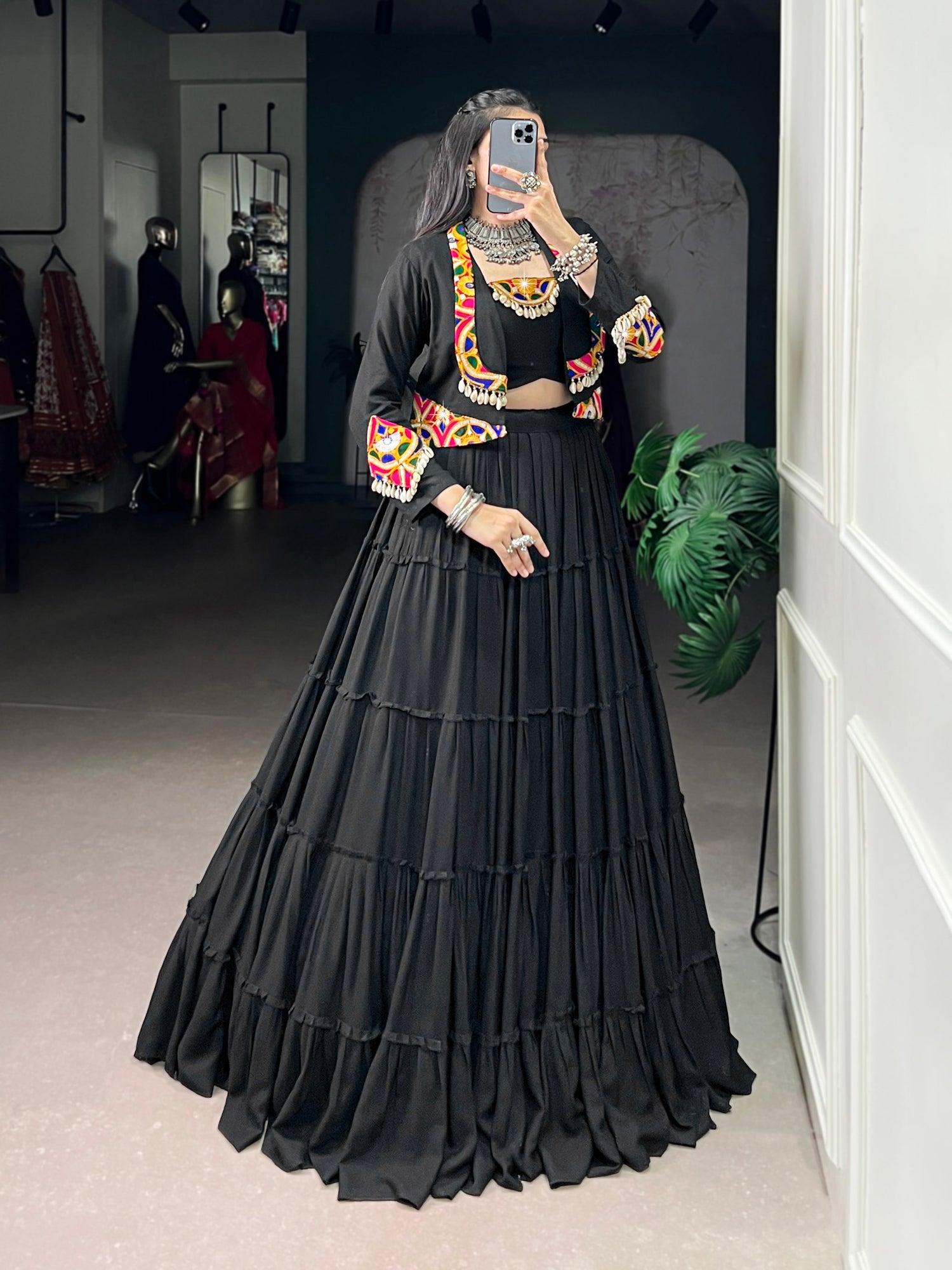 Black Pure Rayon Traditional Gamthi Work Navratri Lehenga Choli
