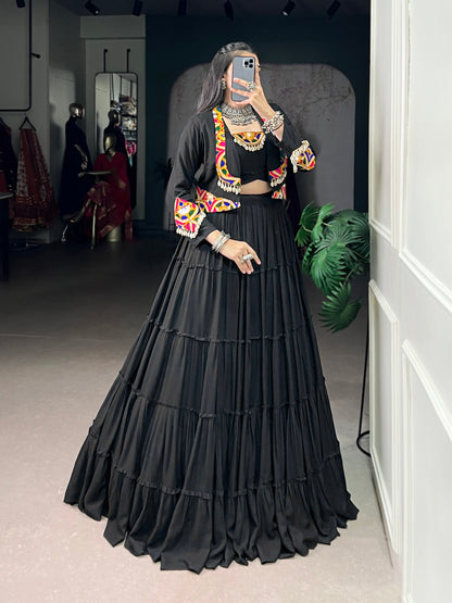 Black Pure Rayon Traditional Gamthi Work Navratri Lehenga Choli