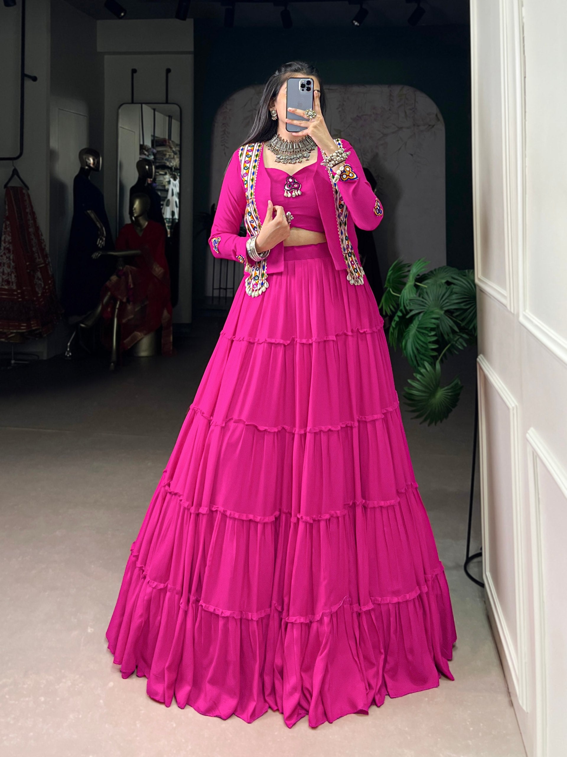 Pink Pure Rayon Traditional Gamthi Work Navratri Lehenga Choli