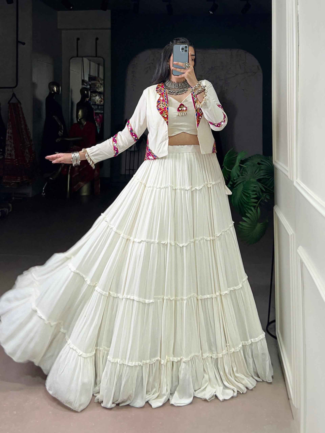 White Pure Rayon Traditional Gamthi Work Navratri Lehenga Choli