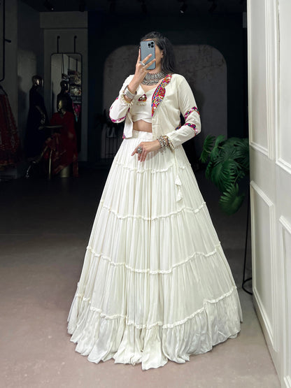 White Pure Rayon Traditional Gamthi Work Navratri Lehenga Choli