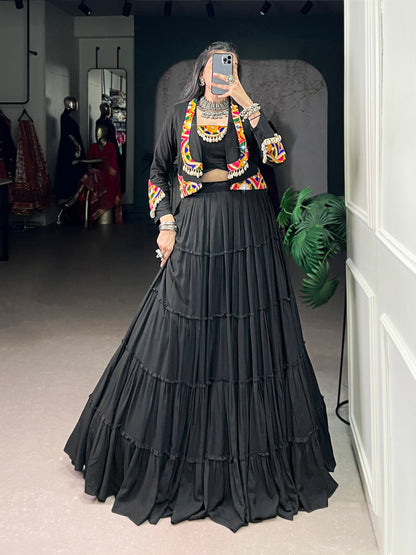 Black Pure Rayon Traditional Gamthi Work Navratri Lehenga Choli
