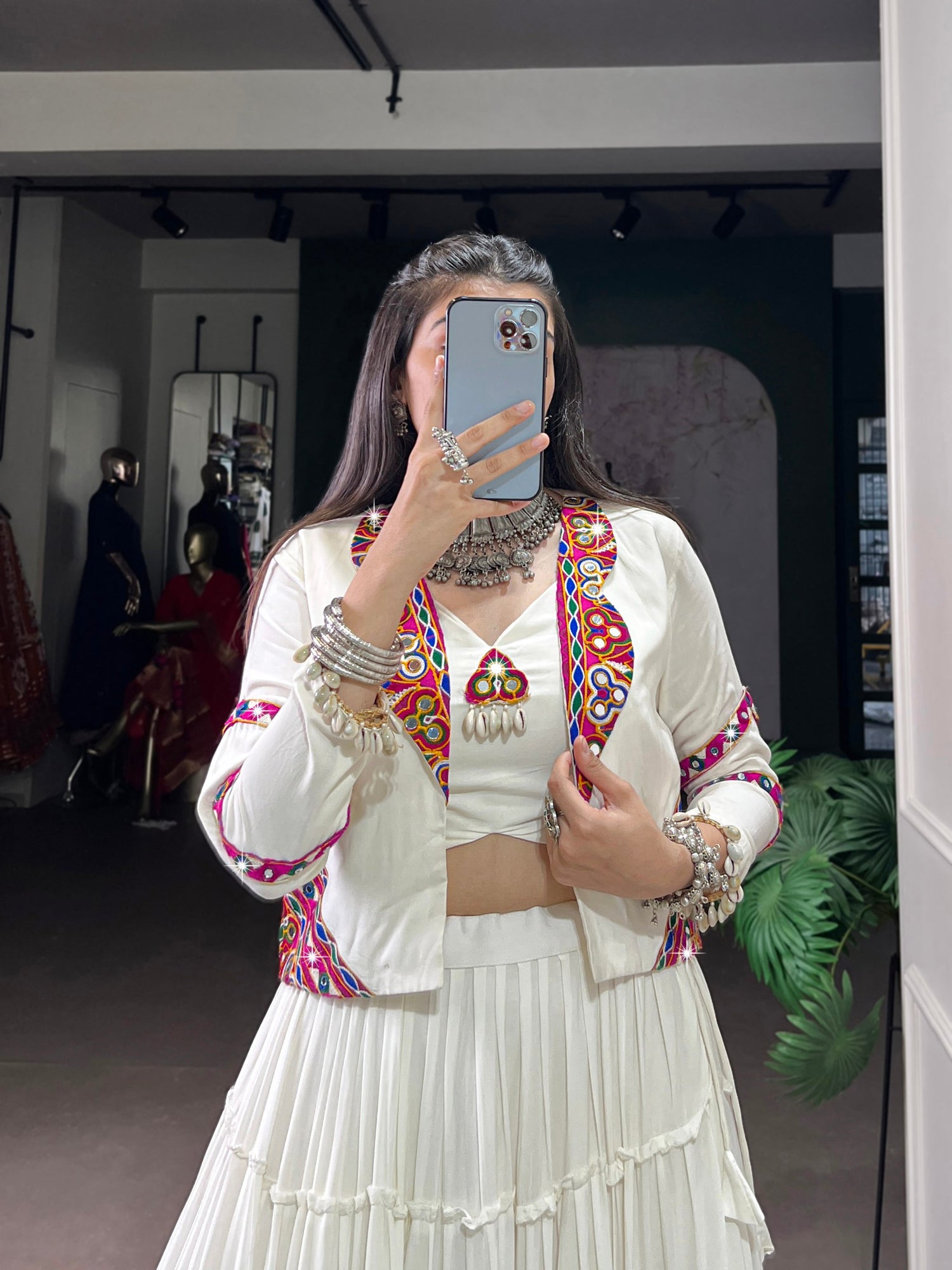 White Pure Rayon Traditional Gamthi Work Navratri Lehenga Choli